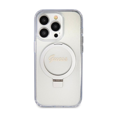Guess Ring Stand Script Glitter MagSafe - Coque iPhone 15 Pro Max (Transparent)