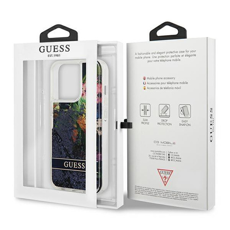 Guess Liquid Glitter Flower - pouzdro pro iPhone 13 Pro (modré)