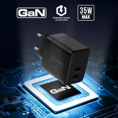 Crong Ultra Compact GaN - 2x USB-C 35W PD 3.0 fali töltő PPS-sel (fekete)