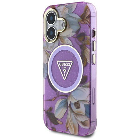 Guess Glitter Flowers Triangle Buttons MagSafe - étui pour iPhone 16 (violet)
