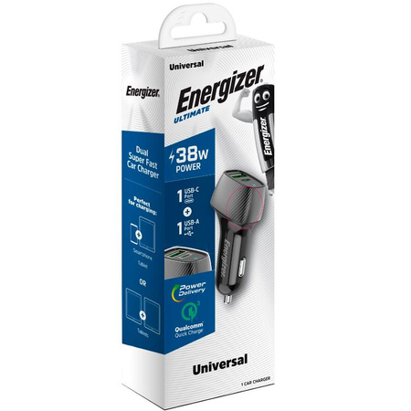 Energizer Ultimate - USB-C és USB-A 38W PD + QC3.0 autós töltő (fekete)