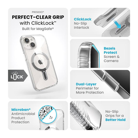 Speck Presidio Perfect-Clear Grip ClickLock & MagSafe - pouzdro pro iPhone 16e / iPhone 15 / iPhone 14 / iPhone 13 (čiré / chromované provedení / stříbrná barva)