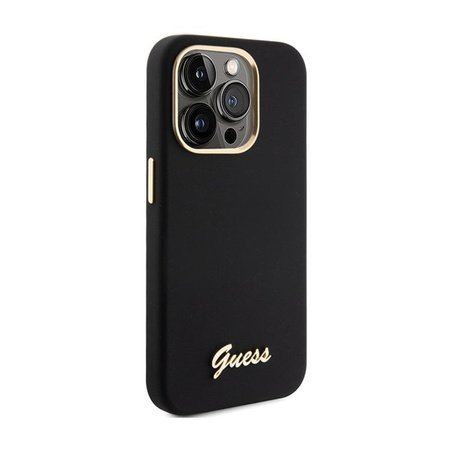 Guess Silikon Script Metall Logo & Rahmen - iPhone 15 Pro Tasche (schwarz)
