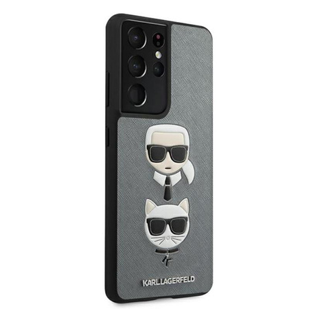 Karl Lagerfeld Saffiano Karl & Choupette Heads - pouzdro pro Samsung Galaxy S21 Ultra (stříbrné)