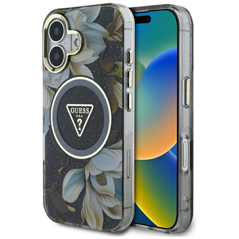 Guess Glitter Flowers Triangle Buttons MagSafe - Pouzdro pro iPhone 16 (černý)