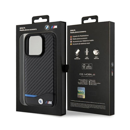 BMW Leder Carbon Blue Line MagSafe - Tasche für iPhone 15 Pro (schwarz)
