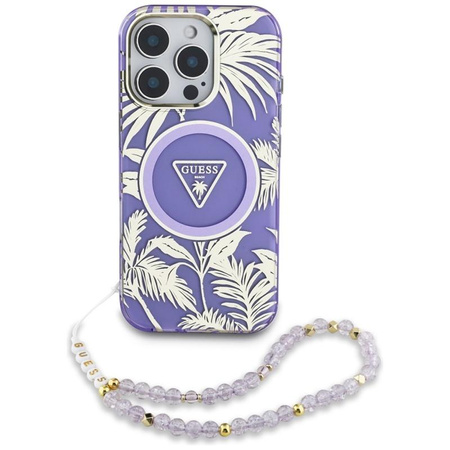 Guess Palm Trees Triangle Pearl Strap MagSafe - étui pour iPhone 16 Pro Max (violet)
