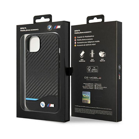 BMW Leder Carbon Blue Line - iPhone 14 Tasche (Schwarz)
