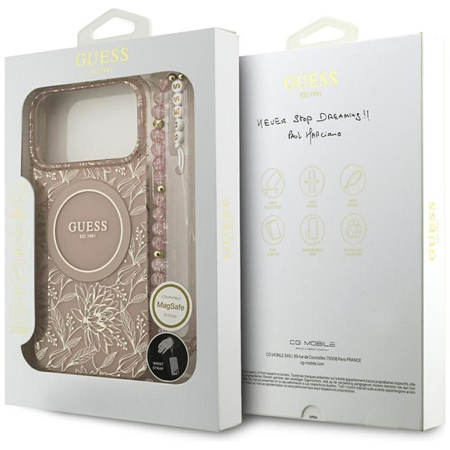 Guess IML Flowers Electro Pearl Strap MagSafe - Case iPhone 17 Pro Max (pink)