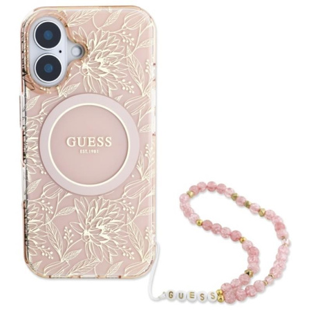 Guess IML Blumen Allover Electro mit Perle Riemen MagSafe - iPhone 16 Plus Fall (rosa)