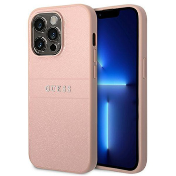 Guess Saffiano fém logós csíkok - iPhone 14 Pro Max tok (rózsaszín)