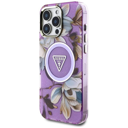 Guess Glitter Flowers Triangle Buttons MagSafe - Coque pour iPhone 16 Pro Max (violet)