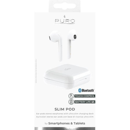PURO SLIM POD TWS 5.0 - bezdrátová sluchátka Bluetooth V5.0 s nabíjecím pouzdrem, vodotěsná podle normy IPX5 (bílá)