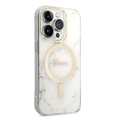 Guess Bundle Pack MagSafe IML Marble - Zestaw etui + ładowarka MagSafe iPhone 14 Pro Max (biały/złoty)
