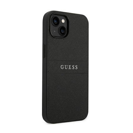 Guess Saffiano Metal Logo Stripes - Hülle für iPhone 14 Plus (Schwarz)