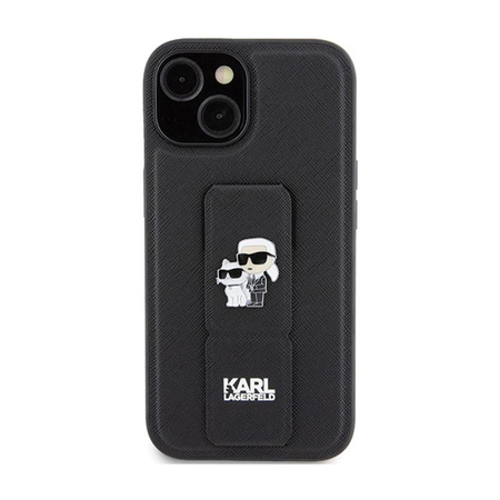 Karl Lagerfeld Gripstand Saffiano Karl & Choupette Pins - iPhone 15 Case (Black)