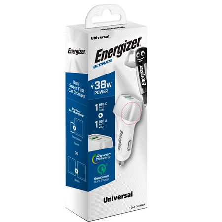 Energizer Ultimate - USB-C & USB-A 38W PD + QC3.0 Kfz-Ladegerät (Weiß / Silber)