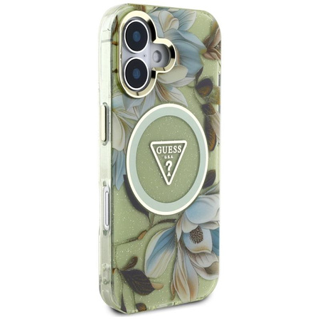 Guess Glitter Flowers Triangle Buttons MagSafe - Tasche für iPhone 16 grün