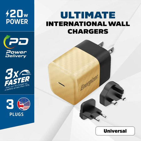 Energizer Ultimate - cestovní nabíječka Multiplug EU / UK / US GaN USB-C 20W PD (zlatá)