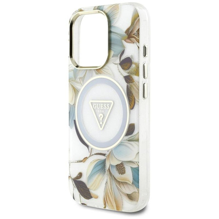Guess Glitter Flowers Triangle Buttons MagSafe - Tasche für iPhone 16 Pro (weiß)