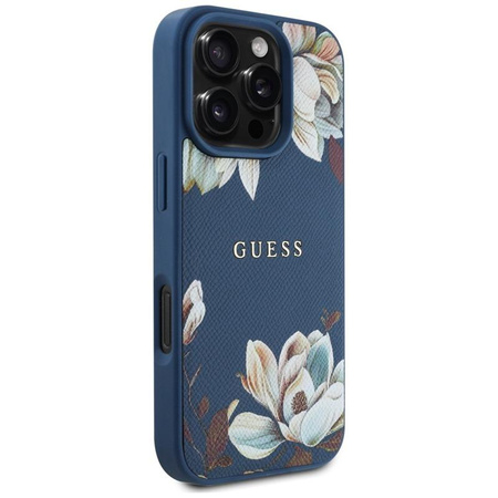 Guess Grained Printed Flower Pattern MagSafe - Pouzdro pro iPhone 16 Pro (modrý)