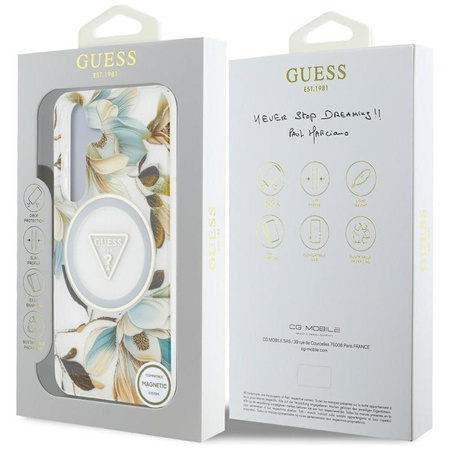 Guess Glitter Flowers Triangle Buttons MagSafe - étui pour Samsung Galaxy S25 (blanc)