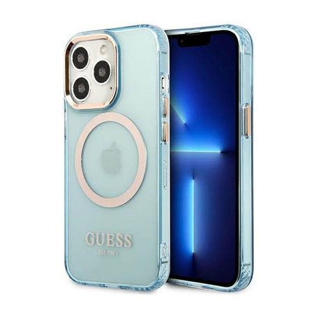 Guess Gold Outline Průsvitné pouzdro MagSafe - iPhone 13 Pro Max (modré)