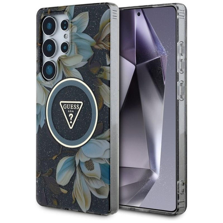 Guess Glitter Flowers Triangle Buttons MagSafe - pouzdro pro Samsung Galaxy S25 Ultra (černé)