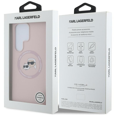 Karl Lagerfeld Silikonové pouzdro MagSafe s dvojitou hlavou a kruhem - Samsung Galaxy S25 Ultra (růžové)