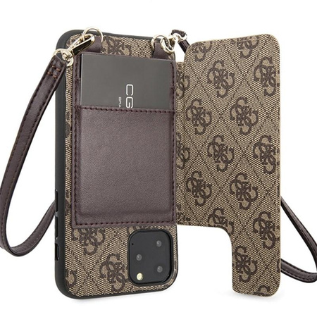 Guess 4G Crossbody - pouzdro s kapsami na karty a odnímatelnou šňůrkou na iPhone 11 Pro (hnědé)
