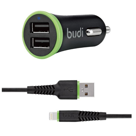 Budi - Nabíječka do auta 2x USB, 17W + Lightning kabel (černá)