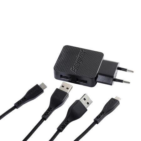 Energizer HardCase - Chargeur secteur compact 2x USB-A + USB-C & câble Micro USB (Noir) garantie à vie