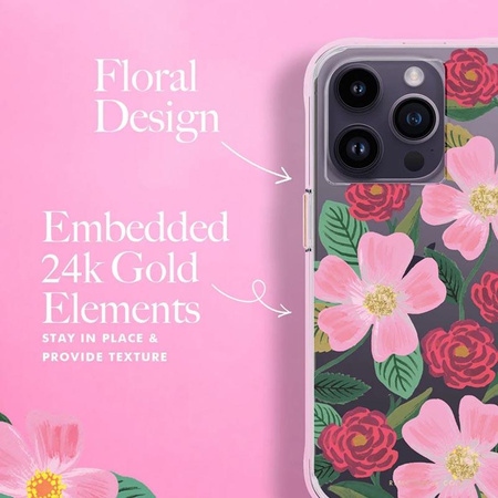 Rifle Paper Clear – pouzdro zdobené zlatem pro iPhone 14 Pro (Rose Galden)