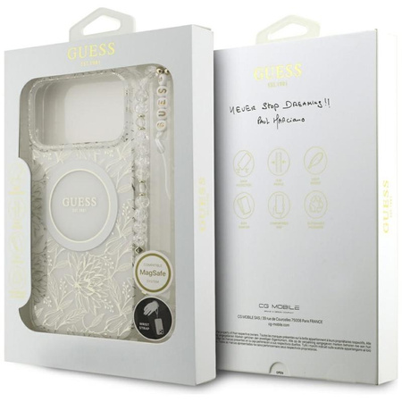 Guess IML Flowers Electro Pearl Strap MagSafe - Hülle iPhone 17 Pro Max (weiß)