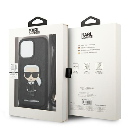 Karl Lagerfeld Leather Monogram Patch and Cord Iconik - Hülle für iPhone 13 Pro (Schwarz)