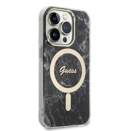 Guess Bundle Pack MagSafe IML Marble - MagSafe iPhone 14 Pro tok + töltő készlet (fekete/arany)
