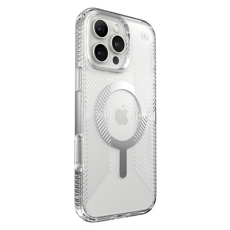 Speck Presidio Perfect-Clear Grip MagSafe - iPhone 16 Pro Max Case (Clair / Finition Chrome / Argent Serein)