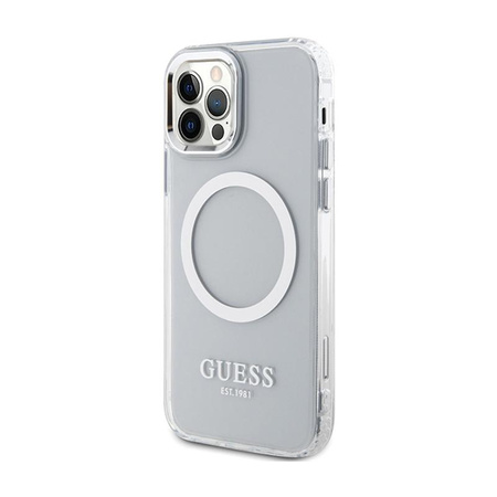 Guess Metal Outline MagSafe - pouzdro pro iPhone 12 / iPhone 12 Pro (průhledné / stříbrné)