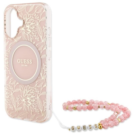 Guess IML Flowers Allover Electro avec dragonne MagSafe pour iPhone 16 Plus (rose)