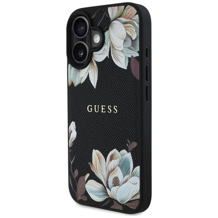 Guess Grained Printed Flower Pattern MagSafe - Etui do iPhone 16 (czarny)