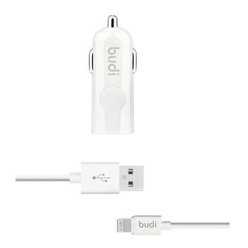 Kompaktowa Ładowarka Samochodowa USB Budi 12W + kabel Lightning 1,2m Biała