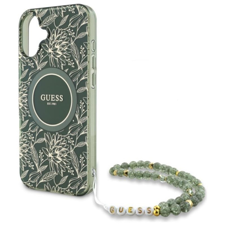 Guess IML Flowers Allover Electro With Pearl Strap MagSafe - Case for iPhone 16 Plus (Green)