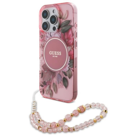 Guess IML Virágok gyöngyszíjjal MagSafe - iPhone 16 Pro Max tok (rózsaszín)