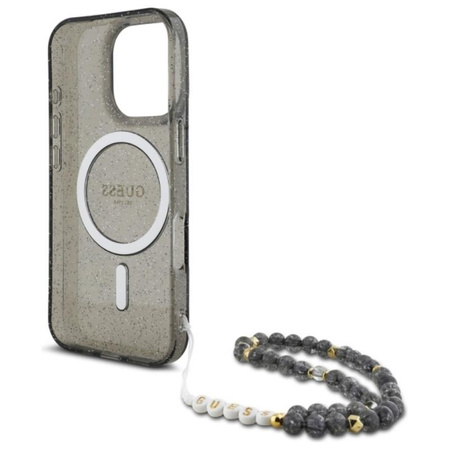 Guess IML Glitter With Pearl Strap MagSafe - iPhone 16 Pro Max Tasche (schwarz)