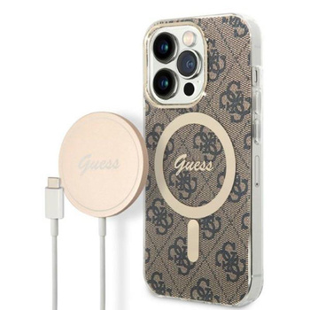Guess Bundle Pack MagSafe 4G - MagSafe iPhone 14 Pro Max Tasche + Ladegerät-Set (braun/gold)