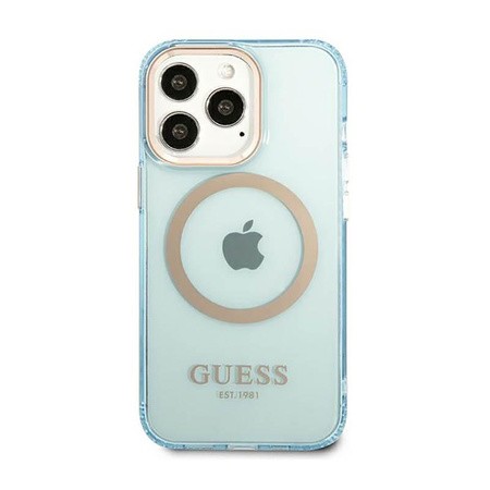 Guess Gold Outline Transluzentes MagSafe - Hülle für iPhone 13 Pro (Blau)