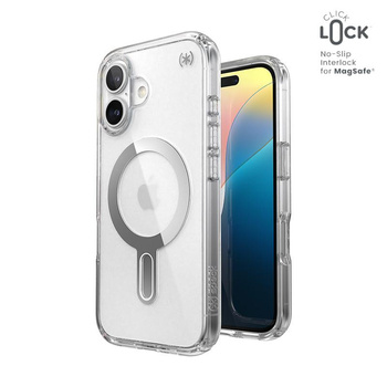 Speck Presidio Perfect-Clear ClickLock & MagSafe - iPhone 16 Case (Clear / Chrome Finish / Serene Silver)