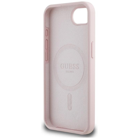 Guess Silicone Script Metal Logo MagSafe - Pouzdro na iPhone 16e (růžové)