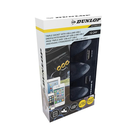 Dunlop - USB-A + USB-C 20W PD nabíječka do auta / 3x 12/24V zásuvka zapalovače cigaret (černá)