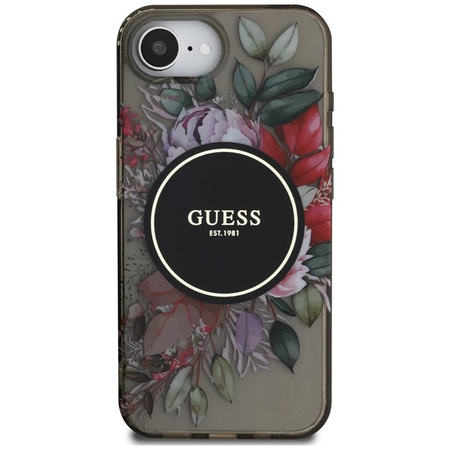 Guess IML Flowers MagSafe - pouzdro pro iPhone 16e (černé)